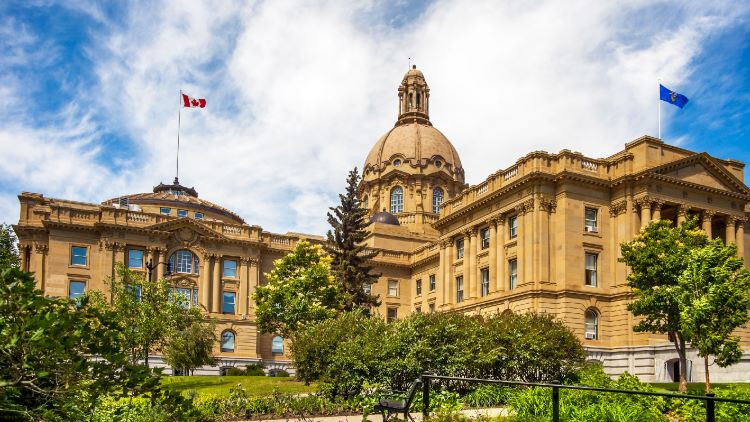 North east view of the Alberta Legislature in the summer.